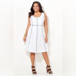 CATHERINES 1X 18/20W White Black A-Line Stretch Flowy Dress Midi Summer Slimming